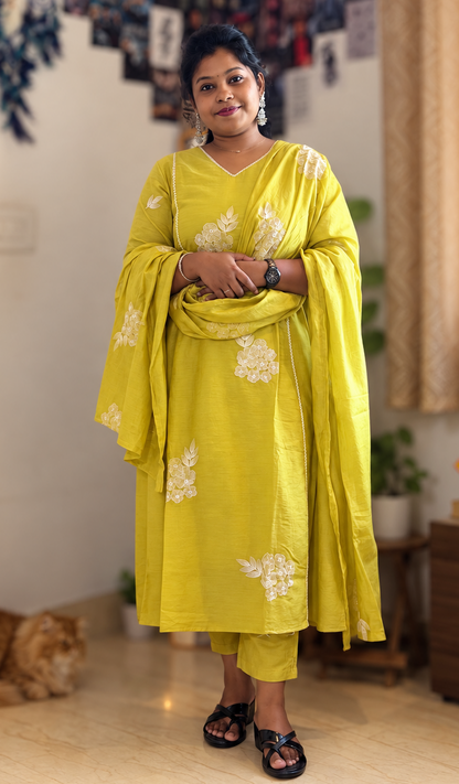 RUGHA 26 - Lime Green Mul Chandari A-Line Kurti