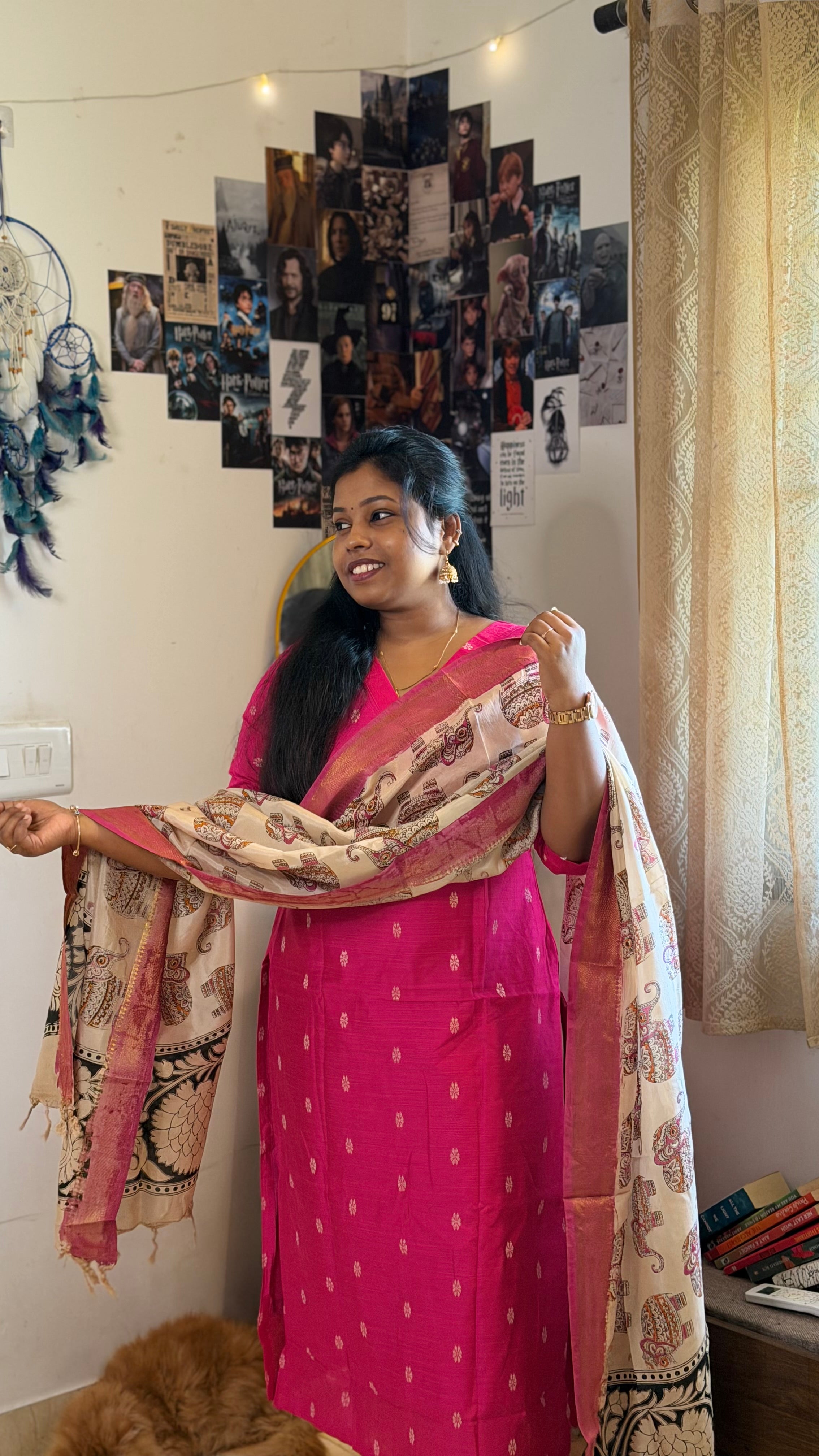 RUGHA 05 - Rani Pink Silk top with Kalamkari Duppata