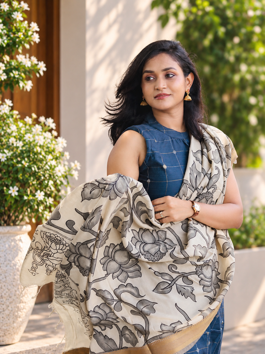 RUGHA 01 - Navy Blue Silk top with Kalamkari Duppata