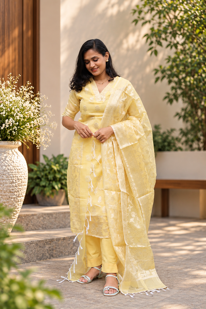 RUGHA 11 - Premium Banarasi Yellow Kota Doria Suit