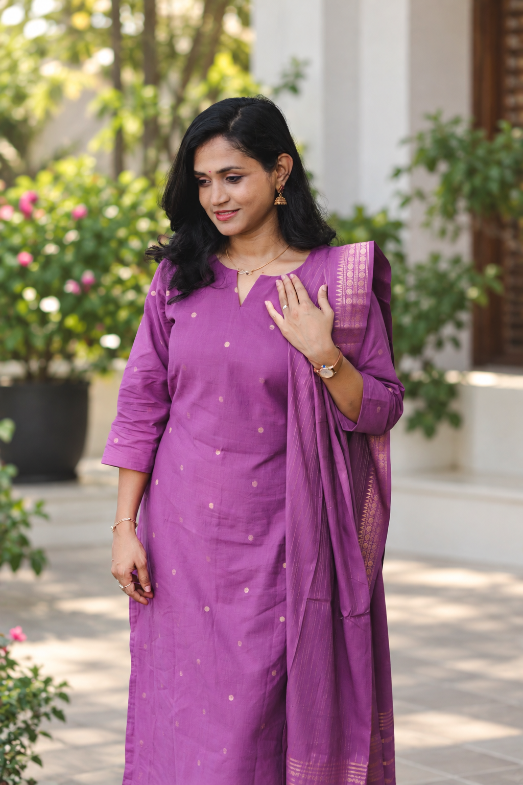 RUGHA 02 - Violet Lurex Handloom Cotton Self Weaved Suit Set