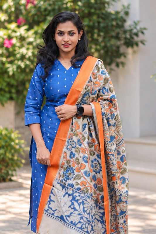 RUGHA 03 - Blue Dupion Silk Top with Kalamkari Duppata