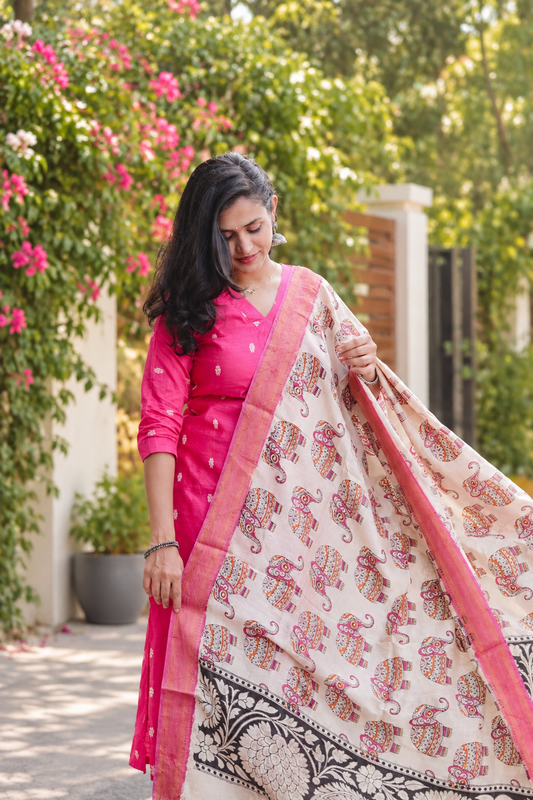 RUGHA 05 - Rani Pink Dupion Silk Top With Kalamkari Duppata