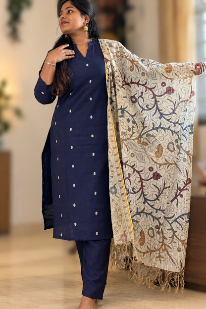 RUGHA 21 - Navy Blue Raw Silk Kurti Set
