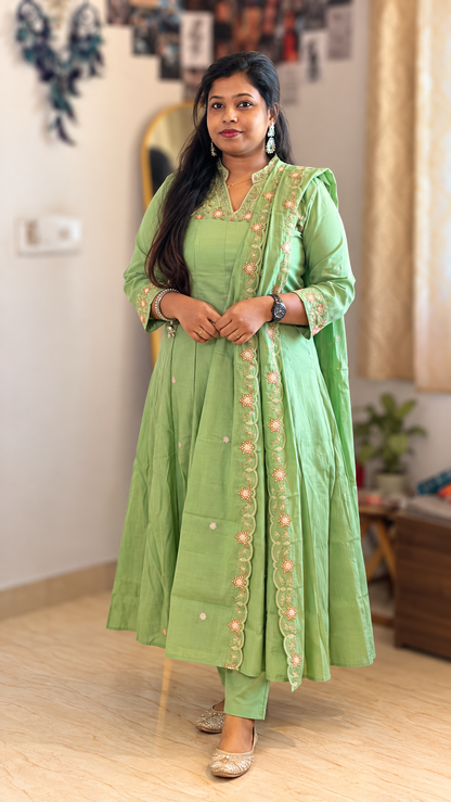 RUGHA 25 - Mint Green Mul Chandari Panel Anarkali