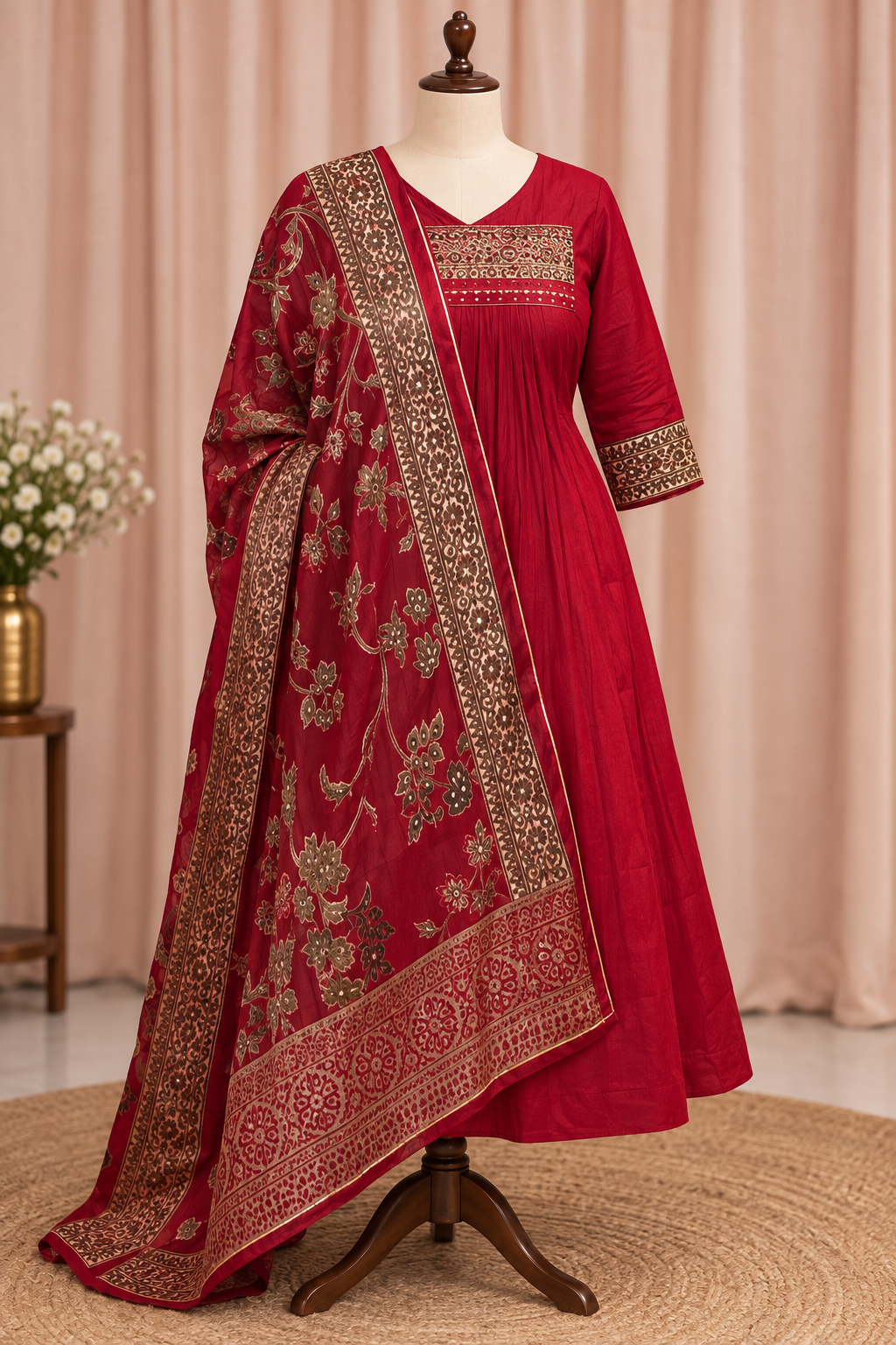 RUGHA 24 - Mul Chandari Maroon Kurti Set