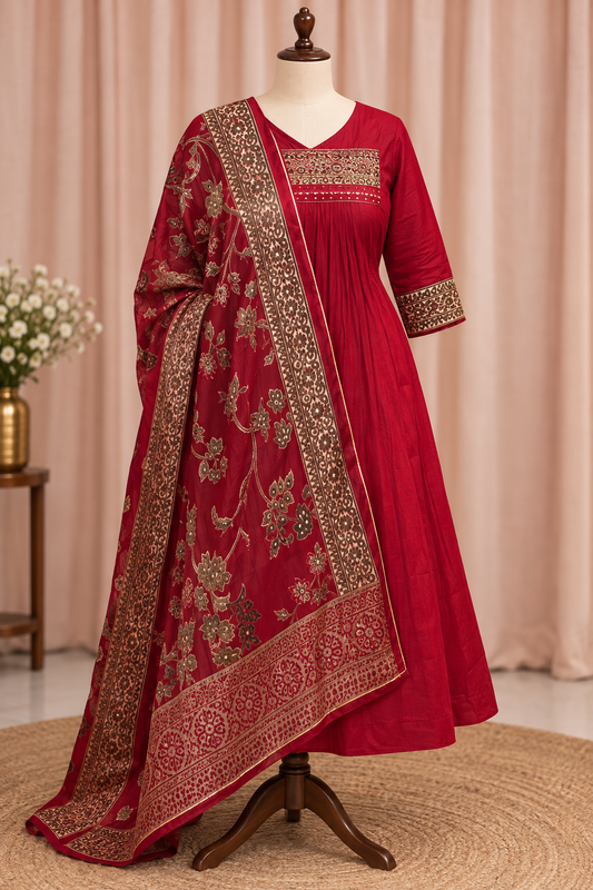 RUGHA 24 - Mul Chandari Maroon Kurti Set