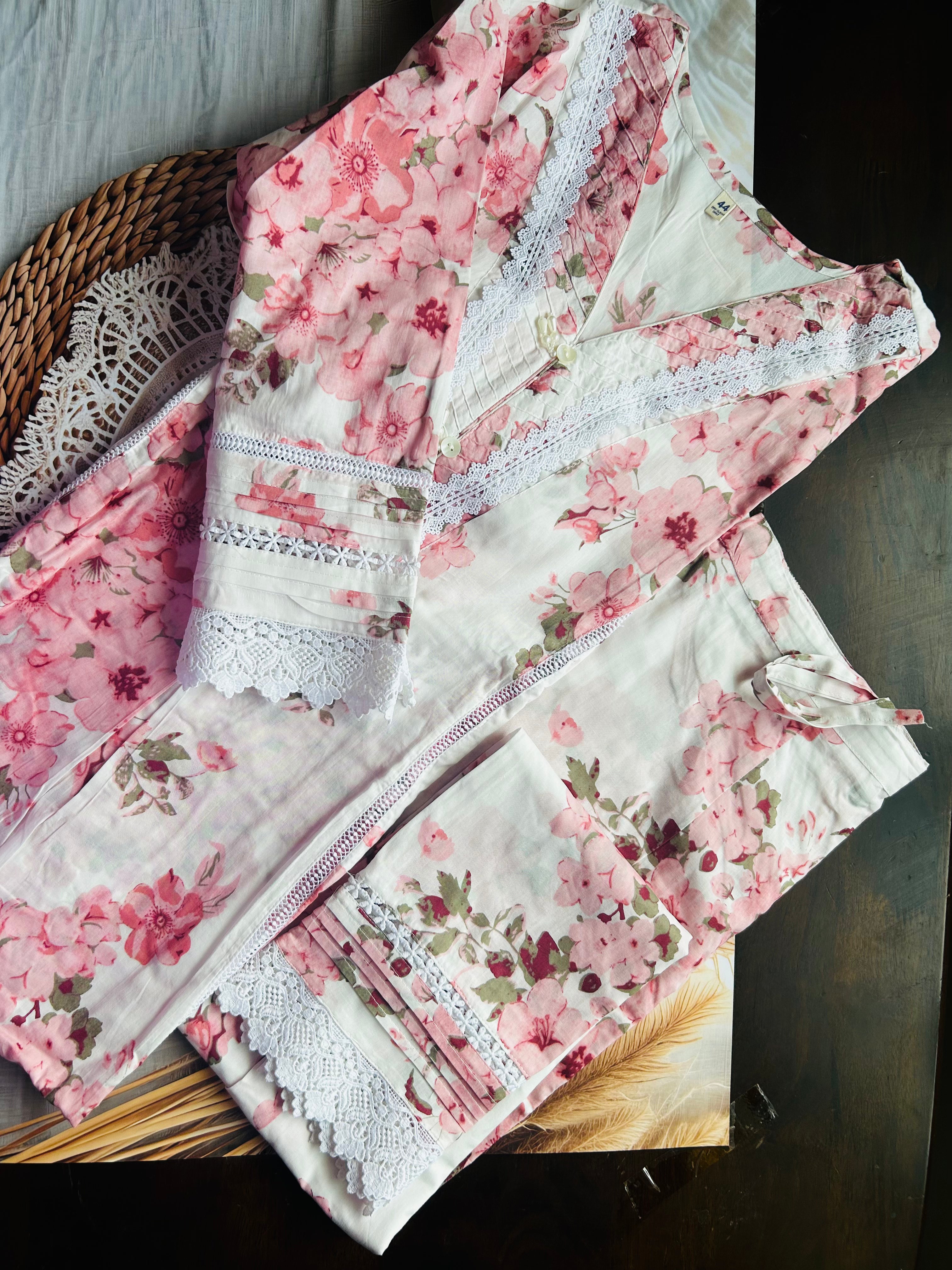 RUGHA 28 - White Blush Bloom Mul Cotton Kurti Set