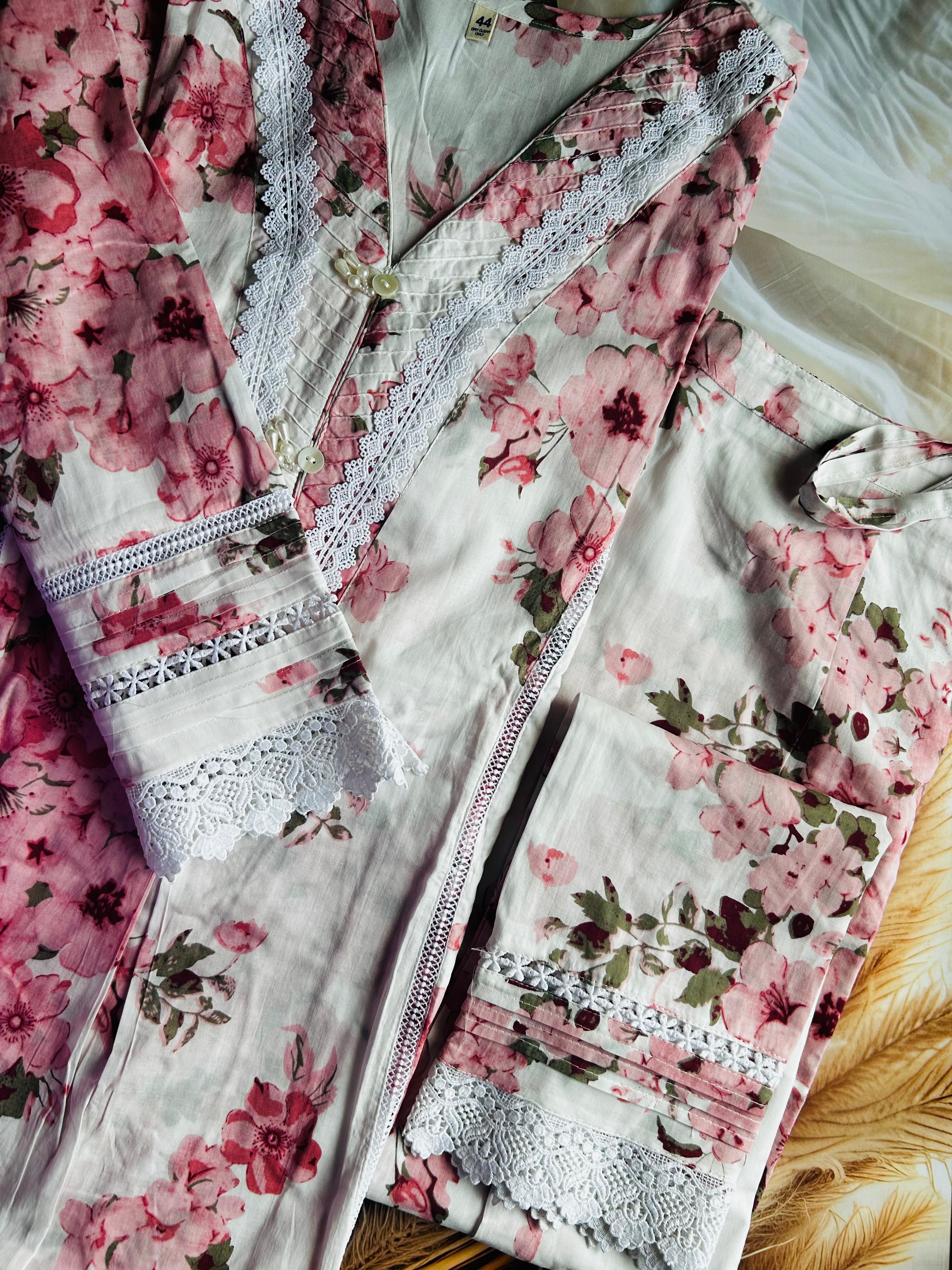 RUGHA 28 - White Blush Bloom Mul Cotton Kurti Set