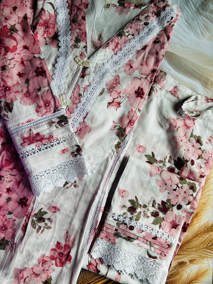 RUGHA 28 - White Blush Bloom Mul Cotton Kurti Set