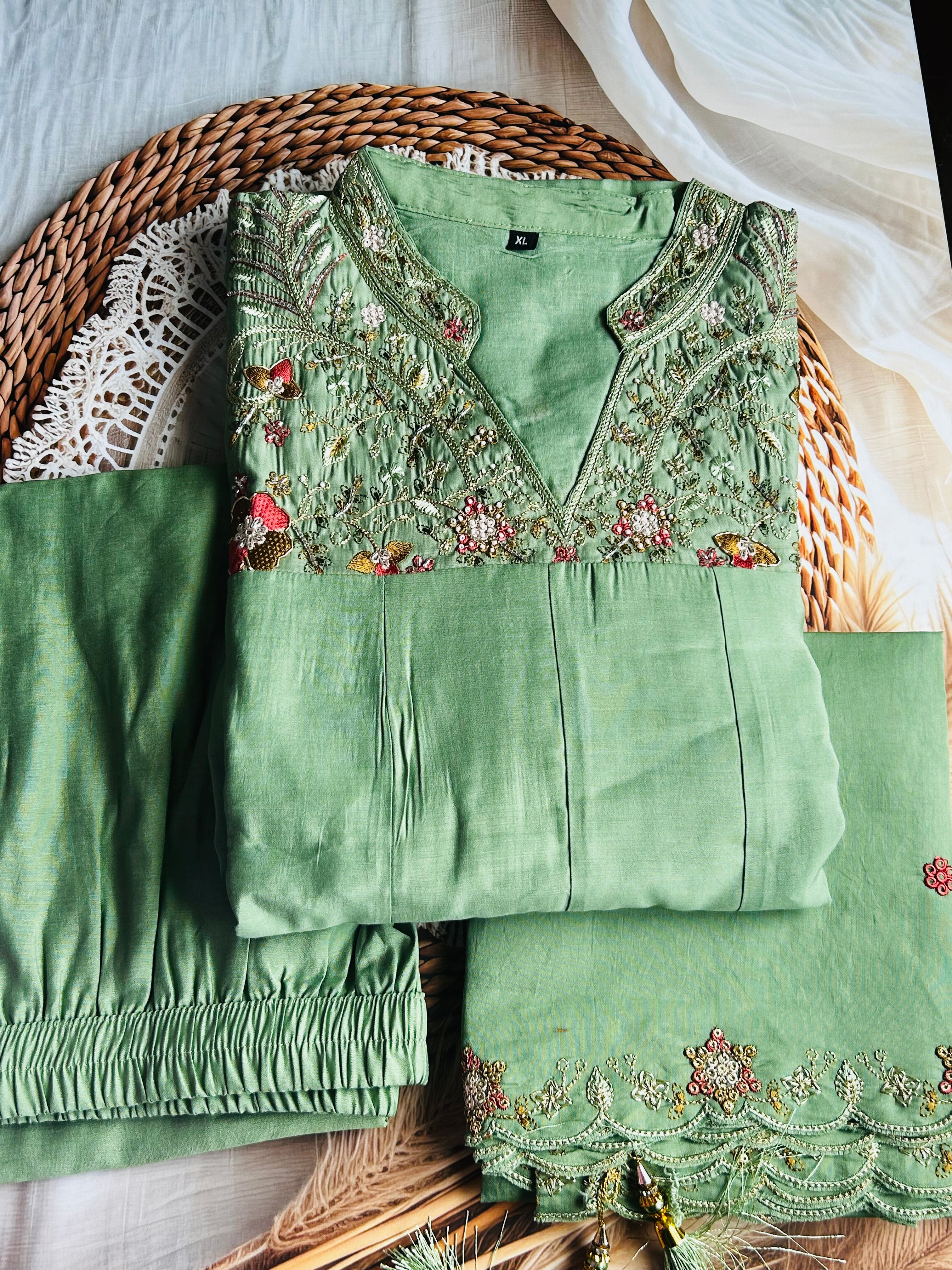 RUGHA 25 - Mint Green Embroidered Kurti Set