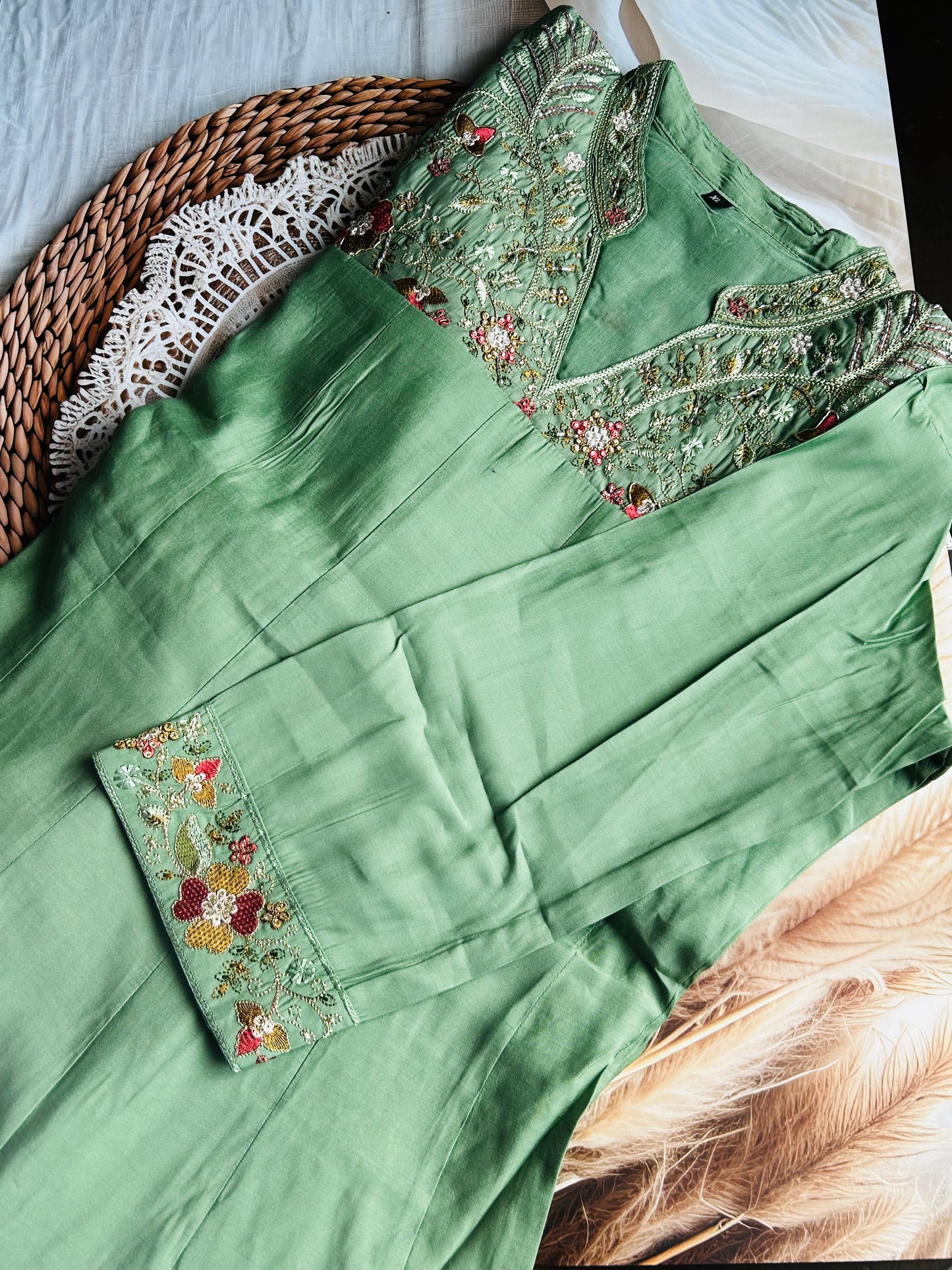 RUGHA 25 - Mint Green Embroidered Kurti Set