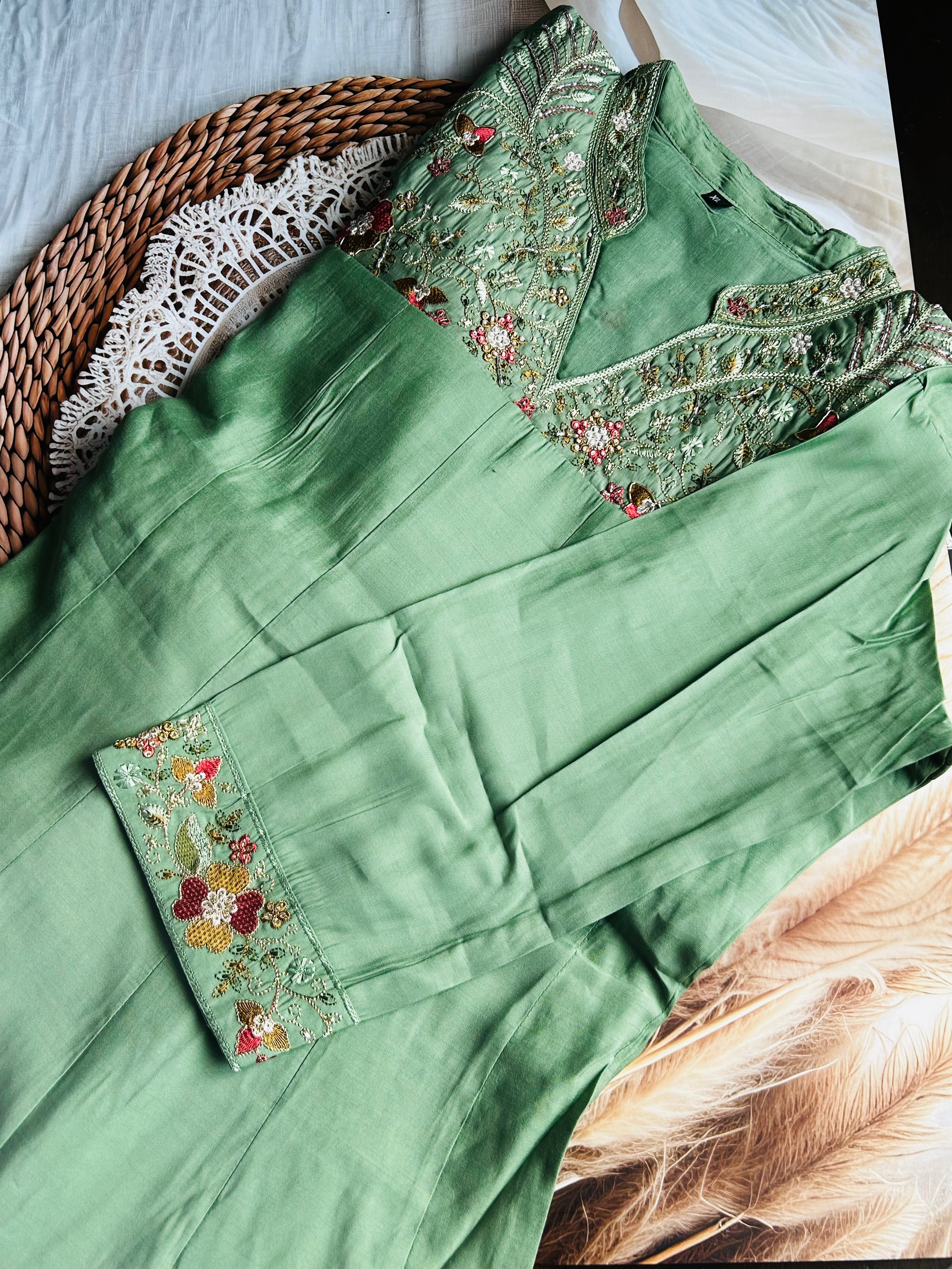 RUGHA 25 - Mint Green Embroidered Kurti Set