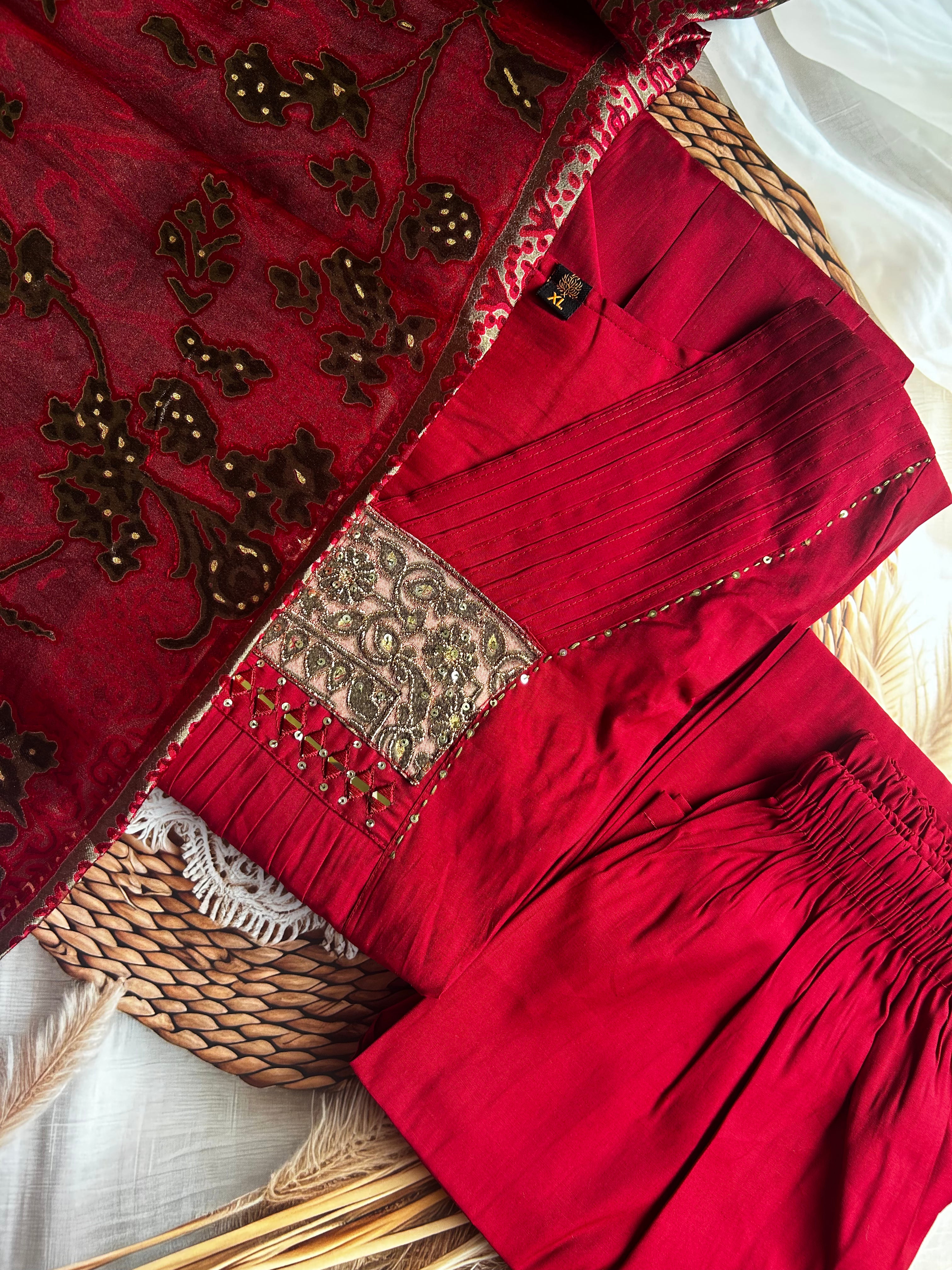 RUGHA 24 - Mul Chandari Maroon Kurti Set