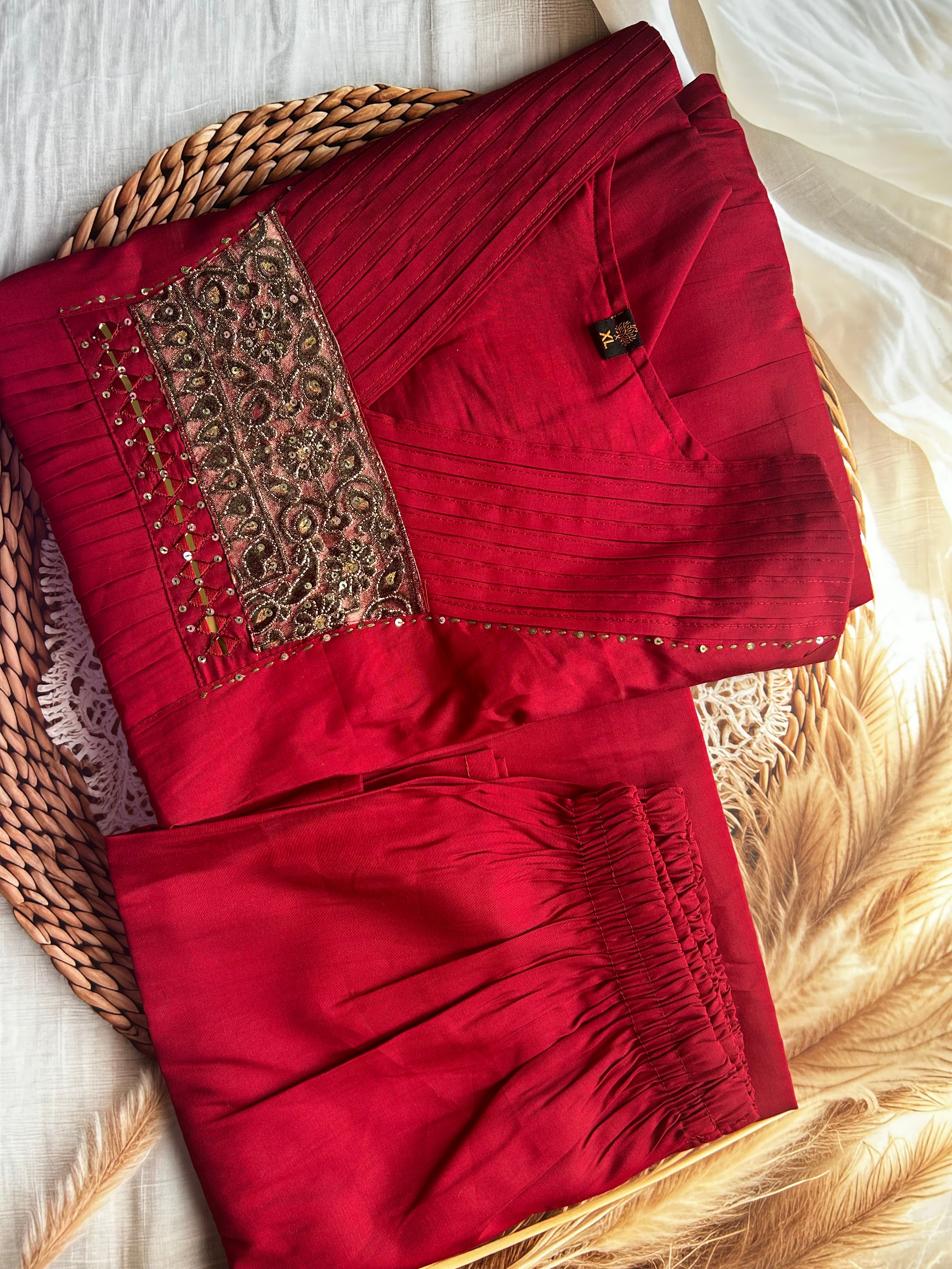 RUGHA 24 - Mul Chandari Maroon Kurti Set