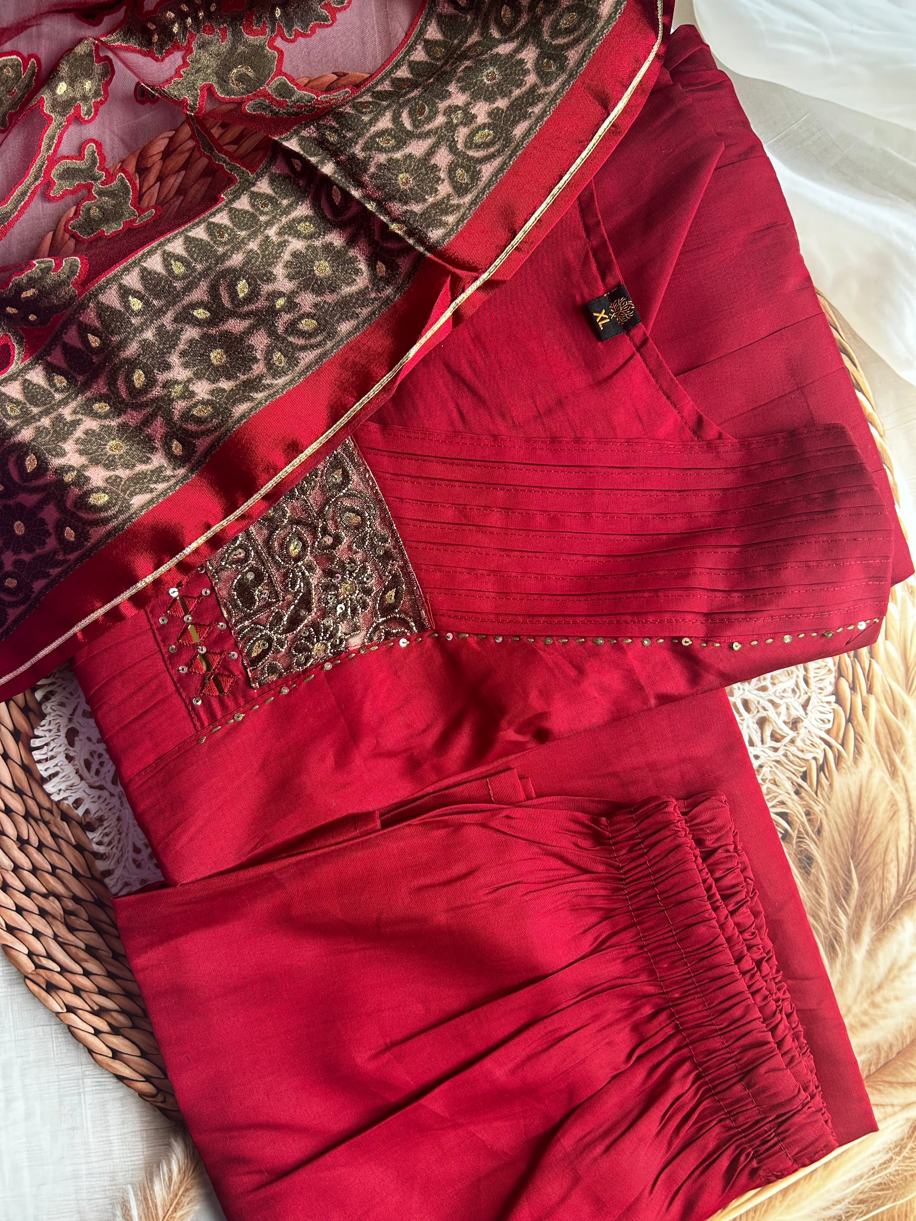 RUGHA 24 - Mul Chandari Maroon Kurti Set