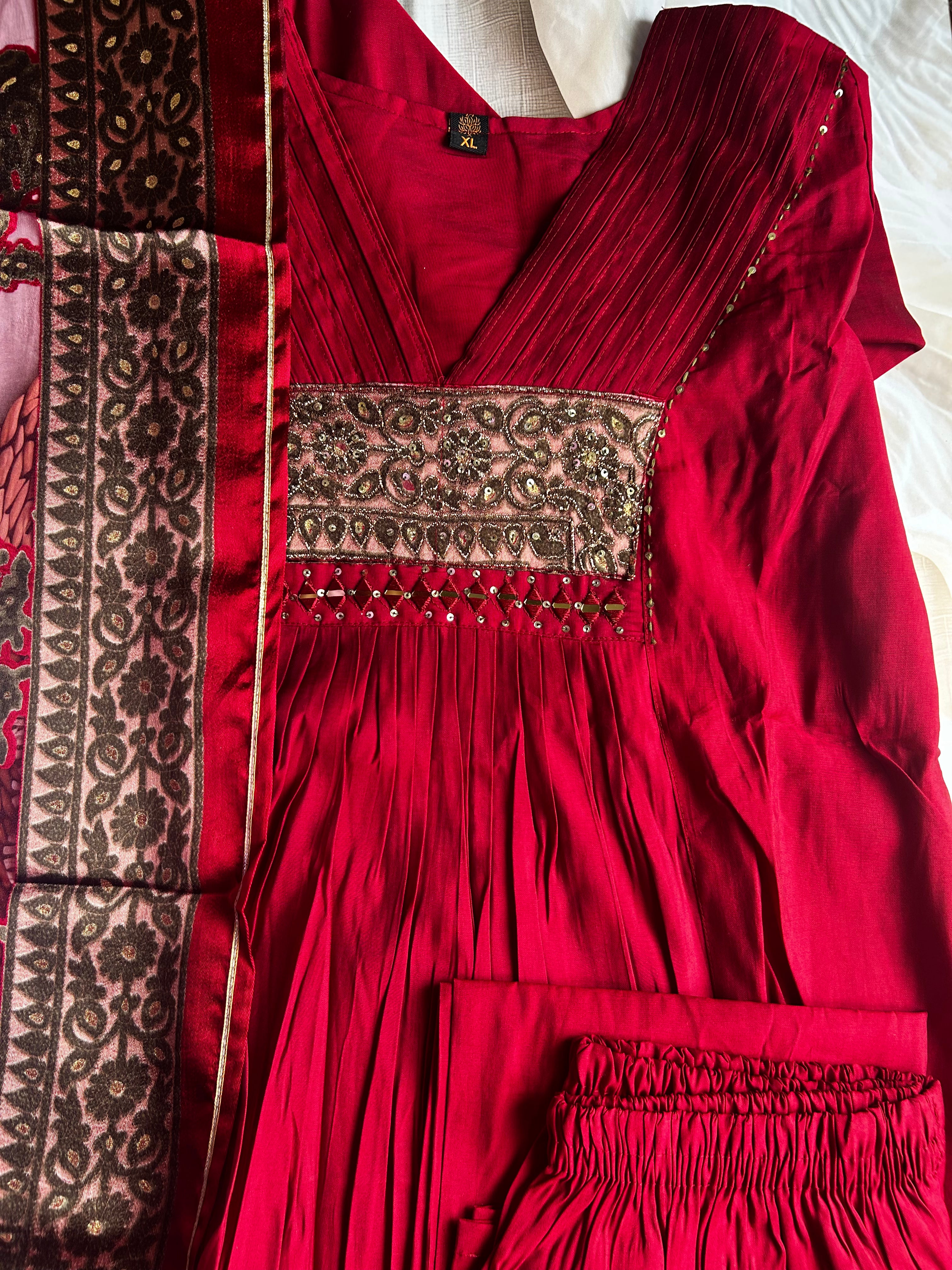 RUGHA 24 - Mul Chandari Maroon Kurti Set