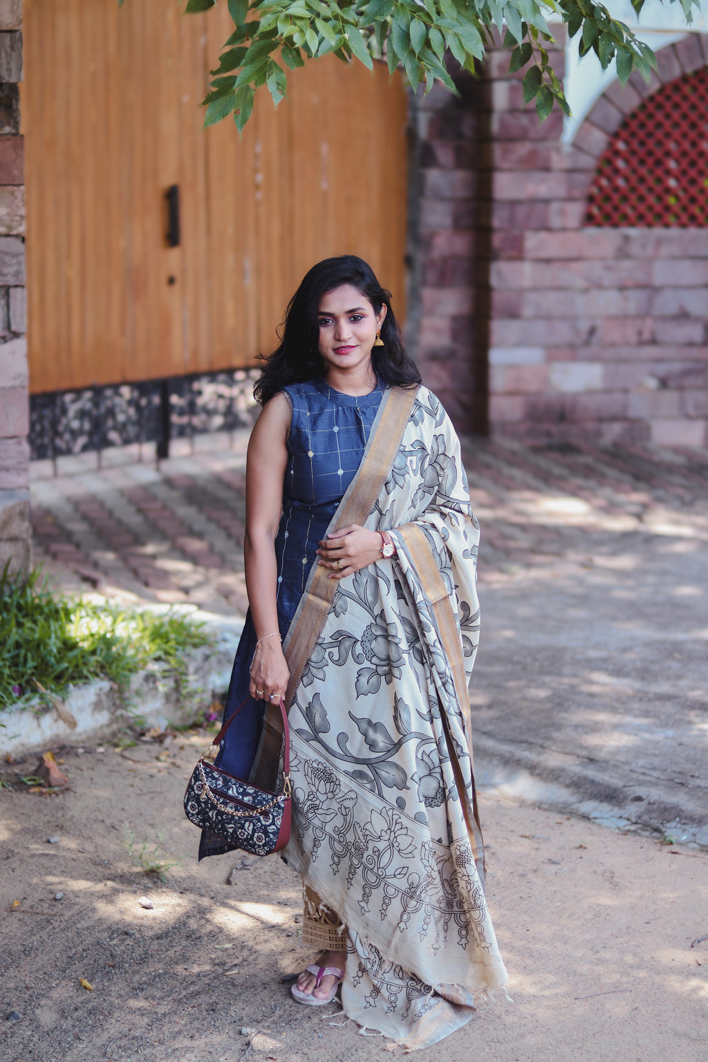 RUGHA 01 - Dark Blue Dupion Silk top with Kalamkari Duppata