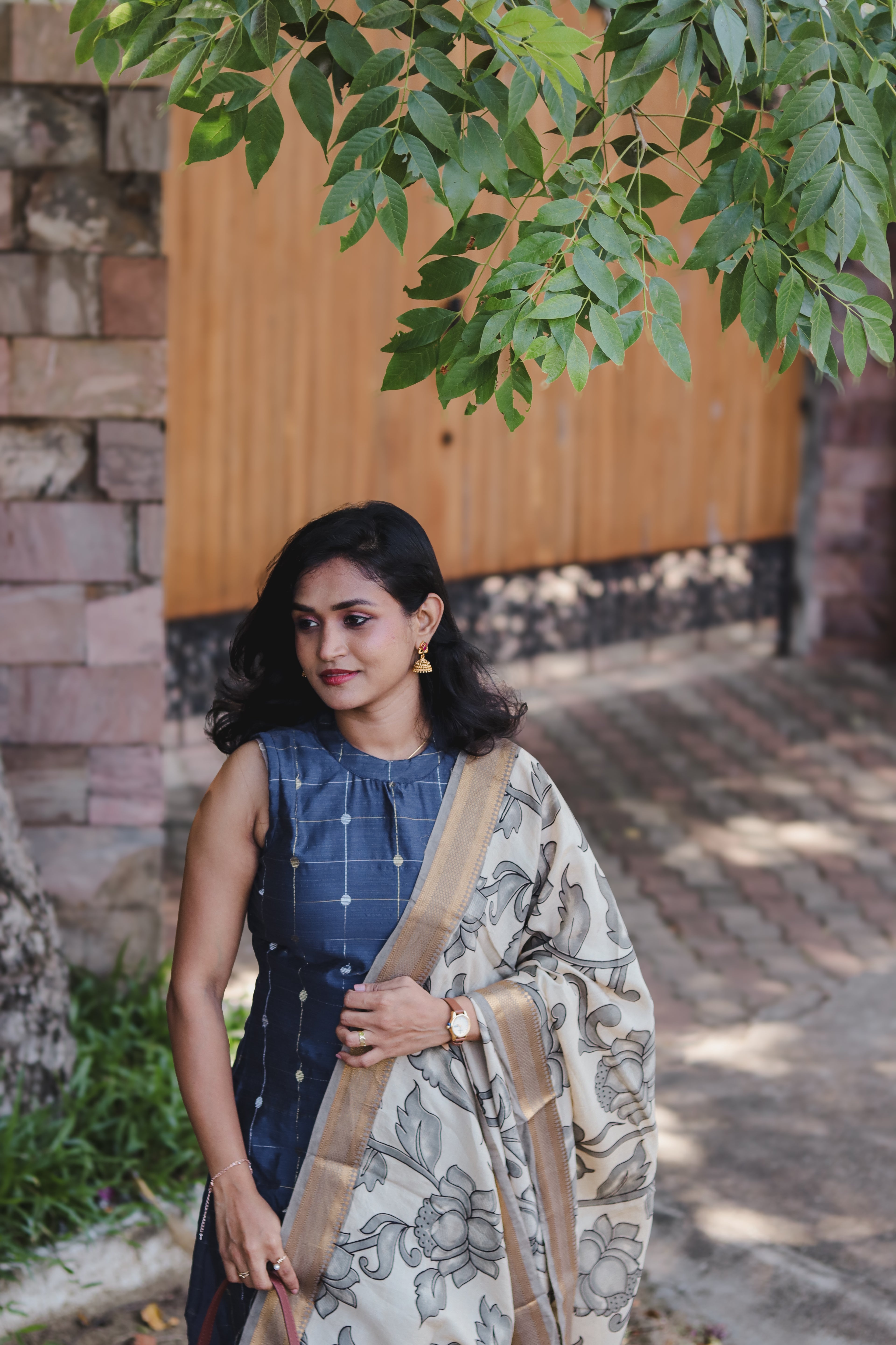 RUGHA 01 - Dark Blue Dupion Silk top with Kalamkari Duppata