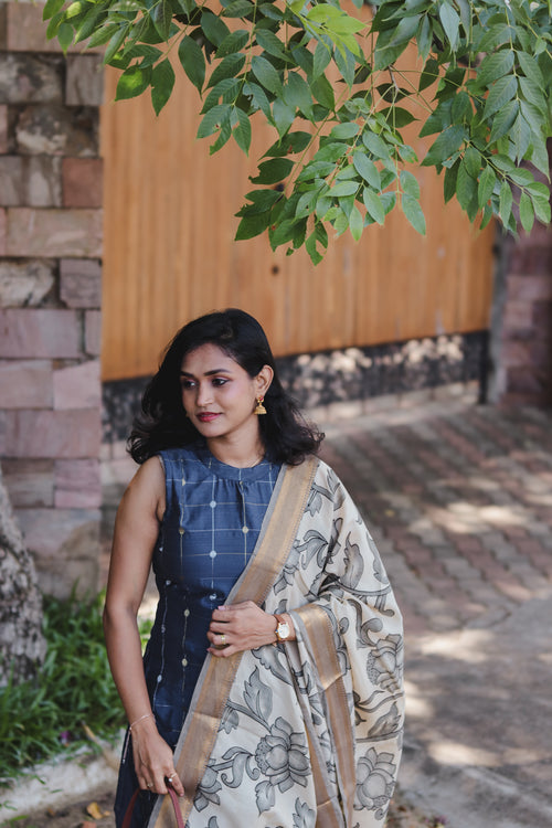 RUGHA 01 - Dark Blue Dupion Silk top with Kalamkari Duppata