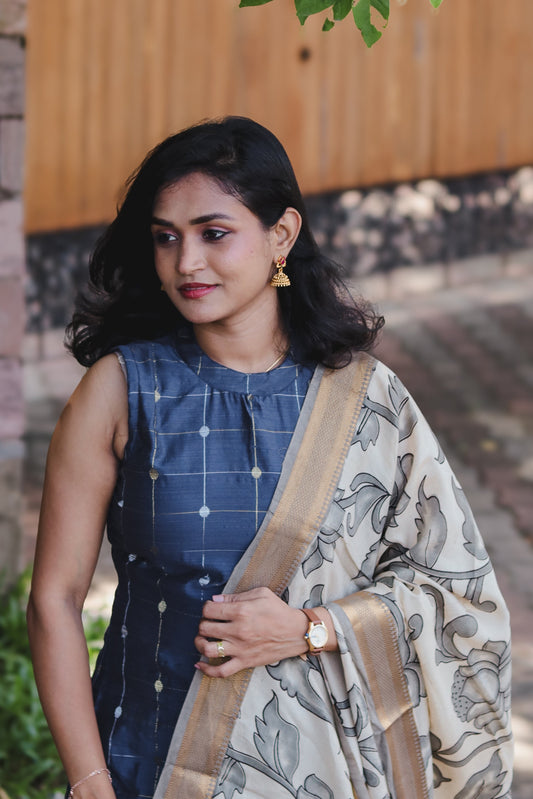RUGHA 01 - Dark Blue Silk top with Kalamkari Duppata