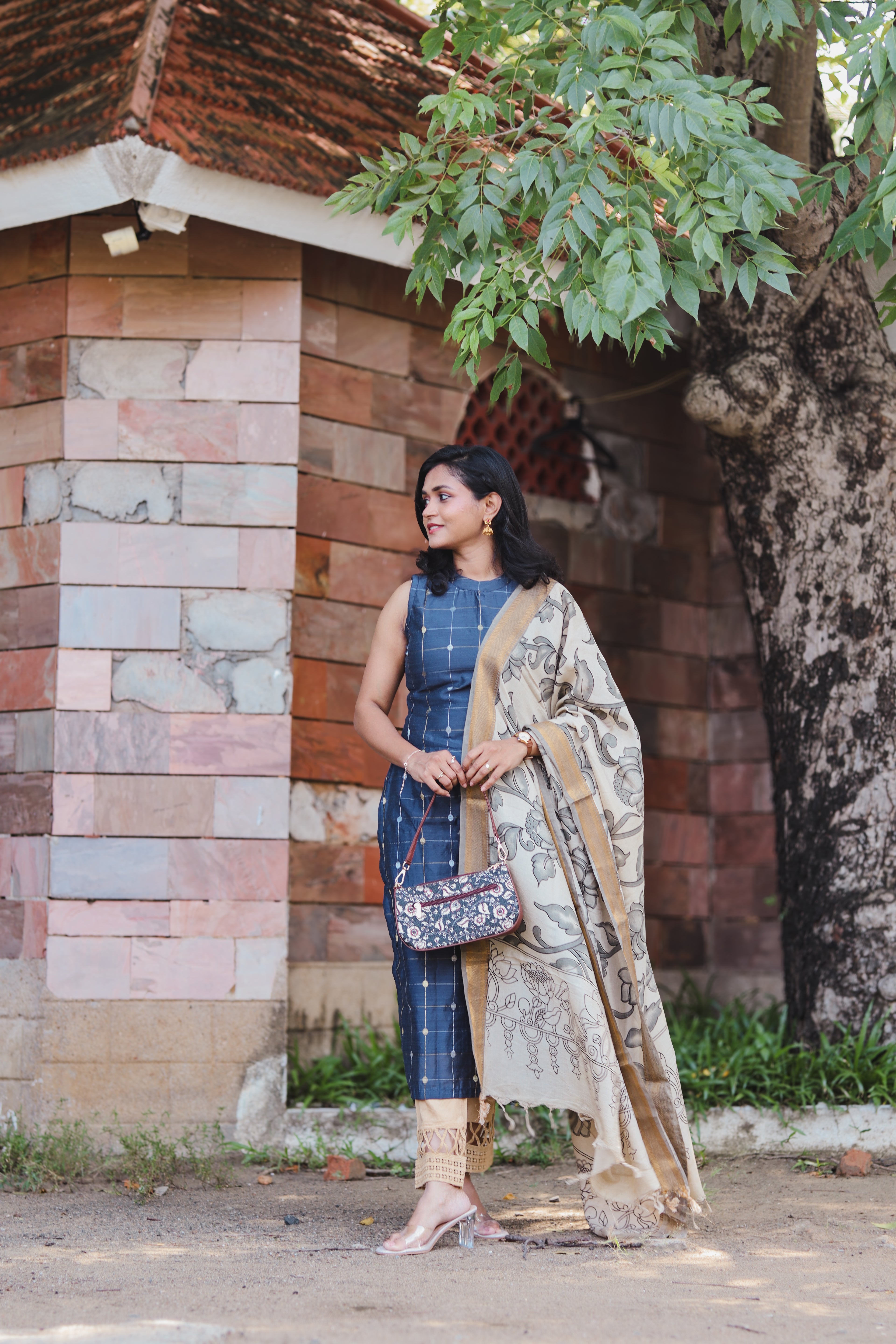 RUGHA 01 - Dark Blue Dupion Silk top with Kalamkari Duppata