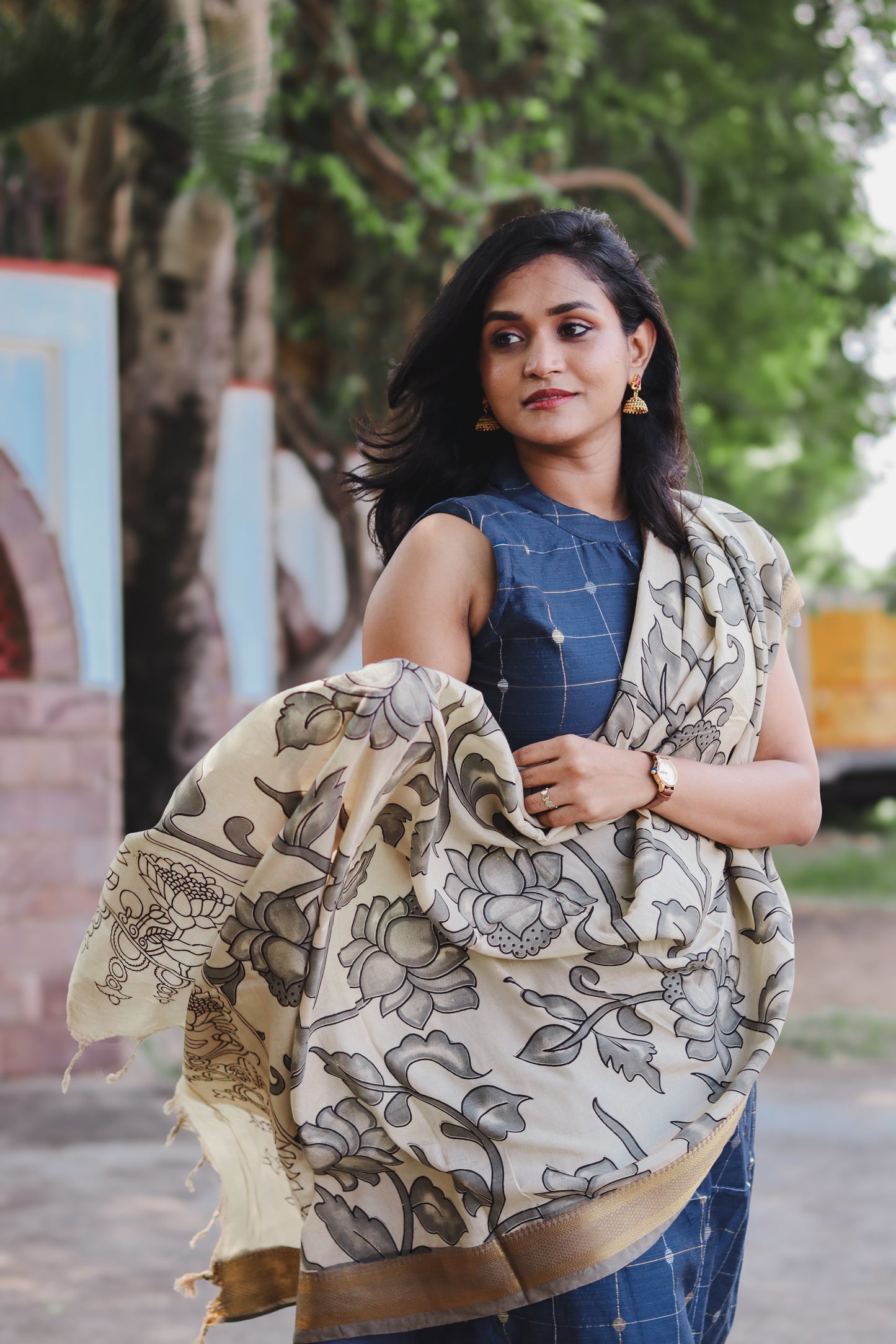 RUGHA 01 - Dark Blue Silk top with Kalamkari Duppata
