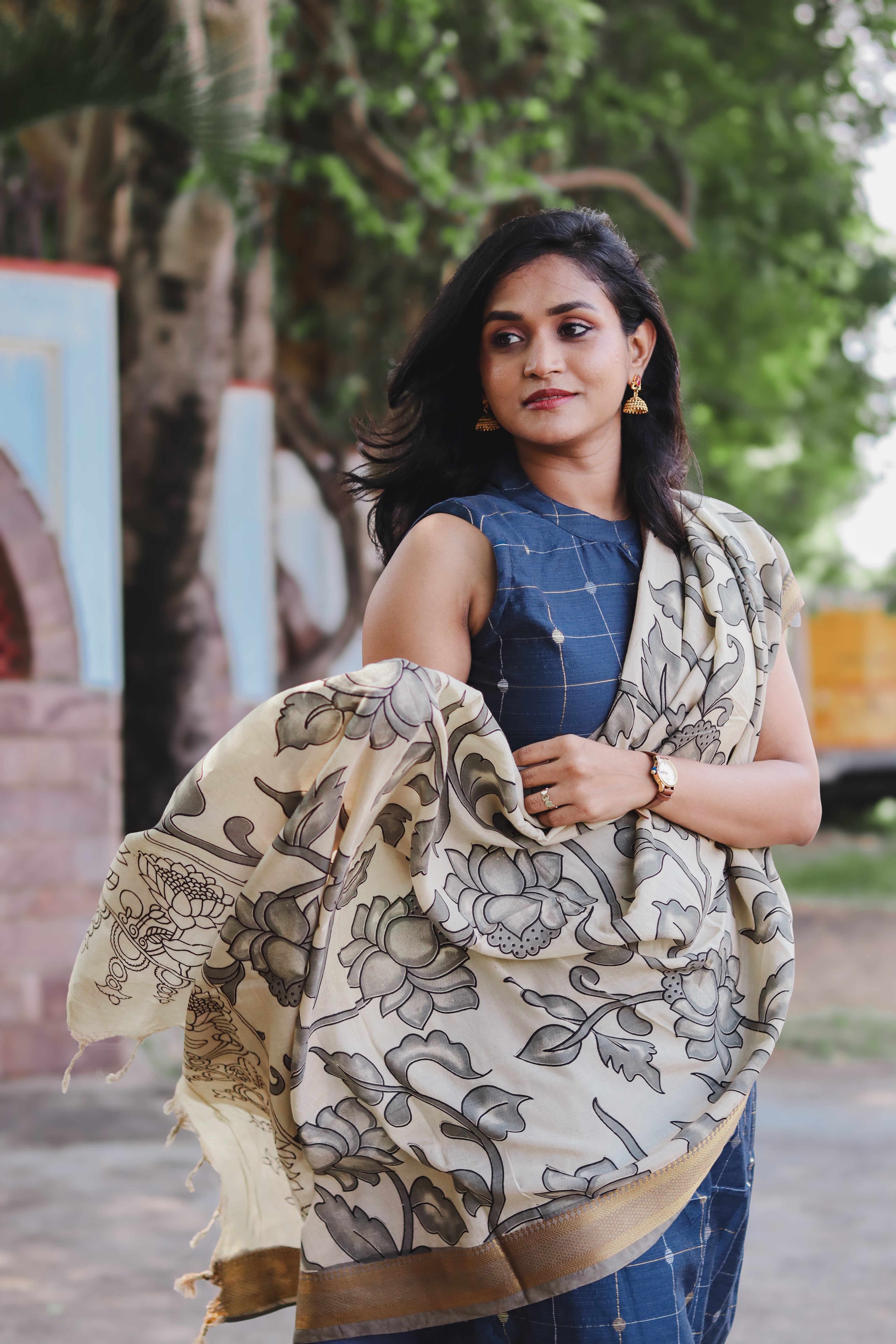 RUGHA 01 - Dark Blue Dupion Silk top with Kalamkari Duppata