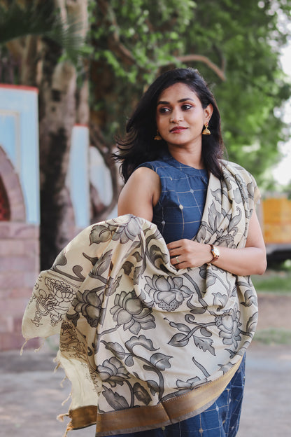 RUGHA 01 - Dark Blue Silk top with Kalamkari Duppata