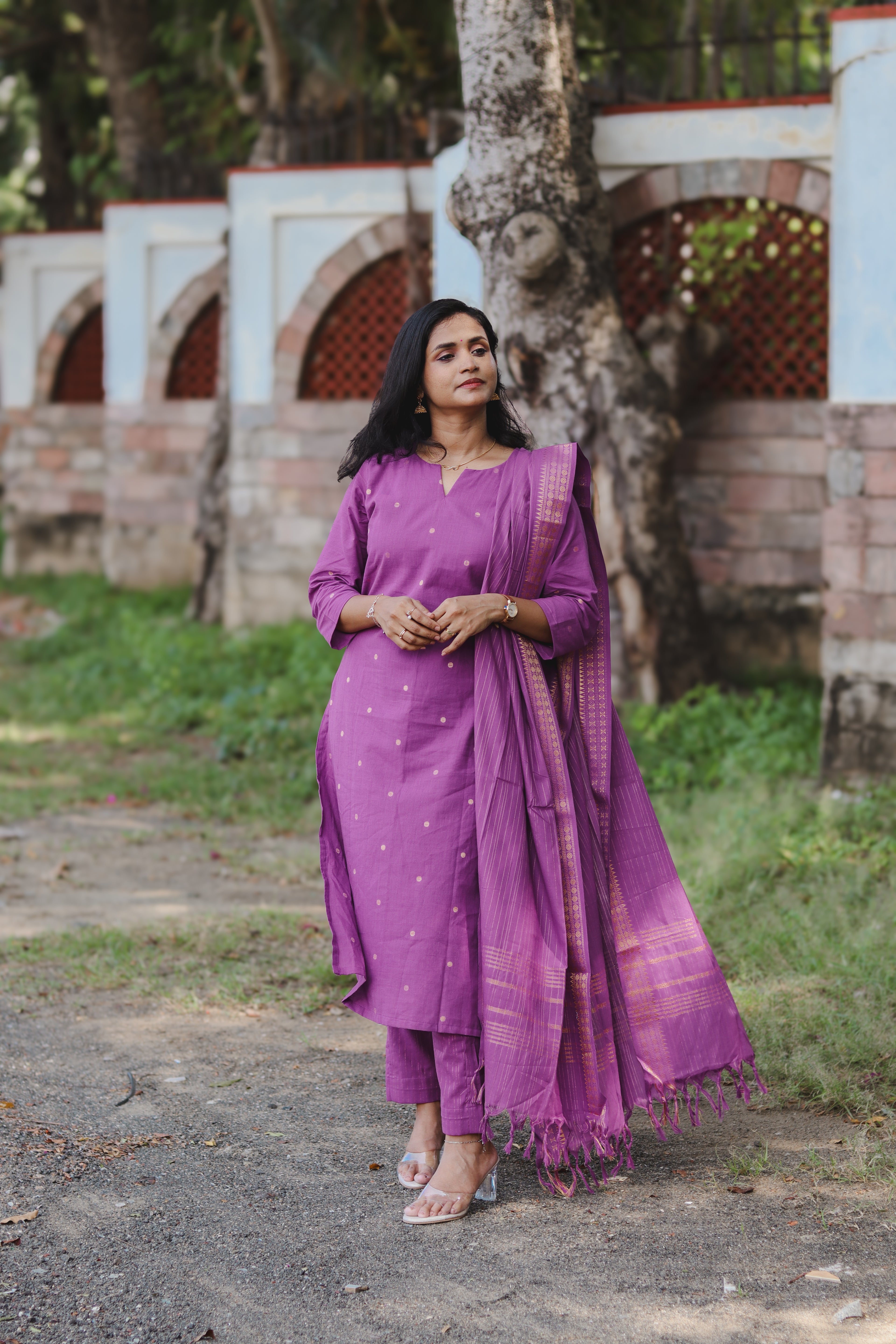 RUGHA 02 - Violet Handloom Cotton Self Weaved Suit Set