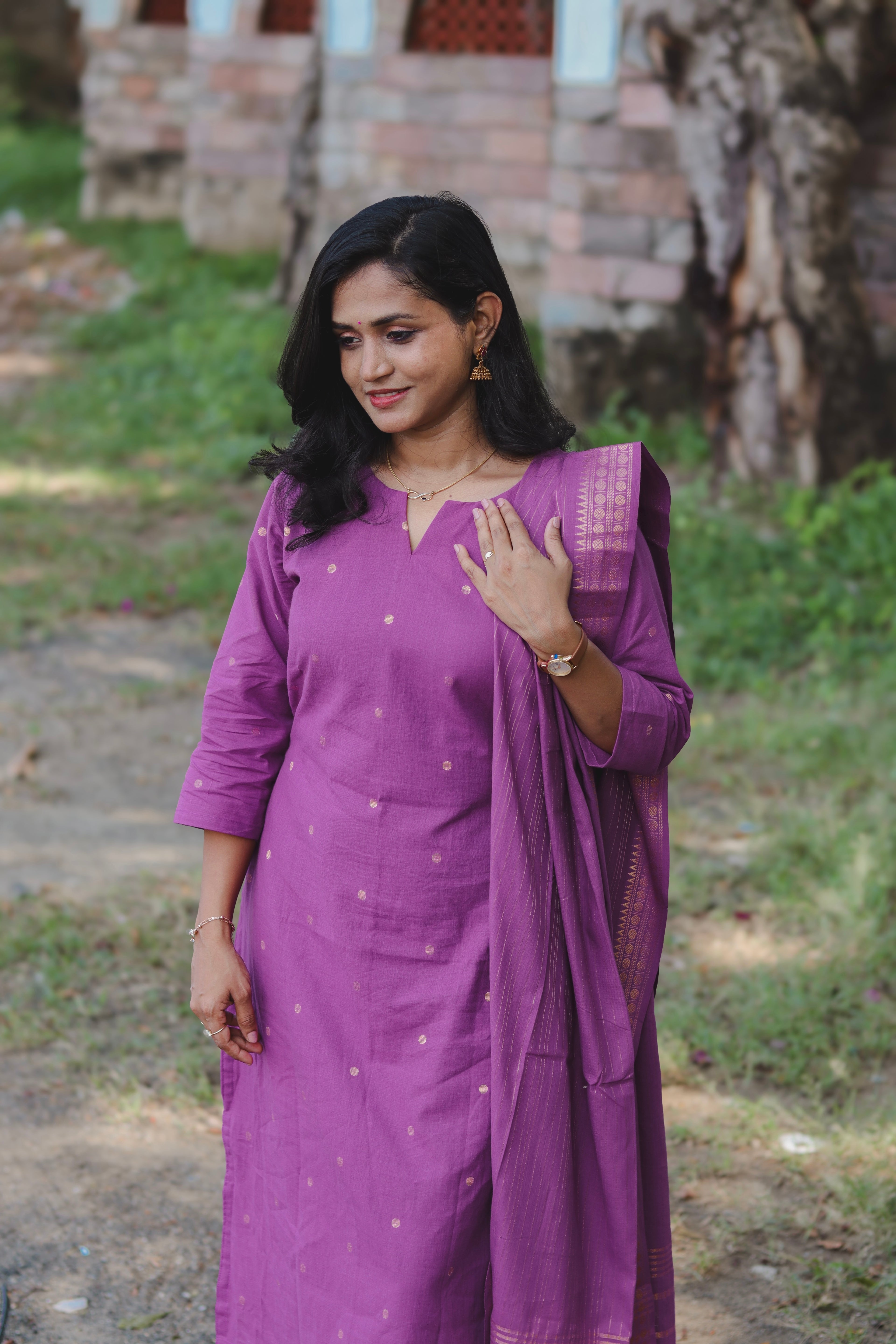 RUGHA 02 - Violet Handloom Cotton Self Weaved Suit Set