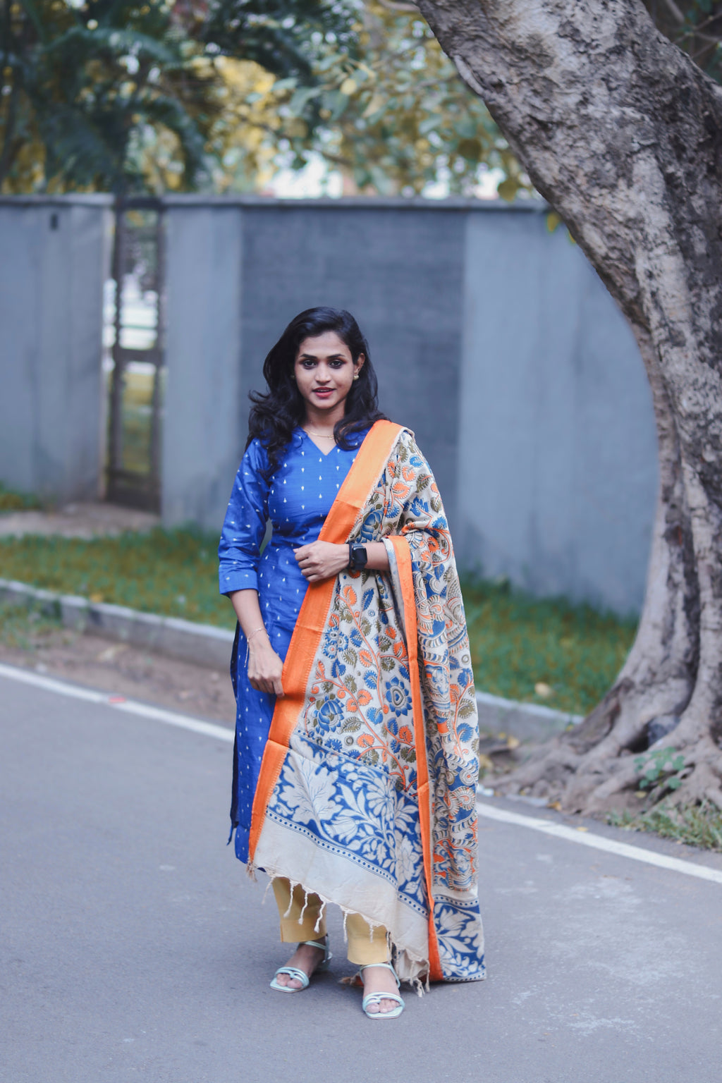 RUGHA 03 - Blue Dupion Silk top with Kalamkari Duppata