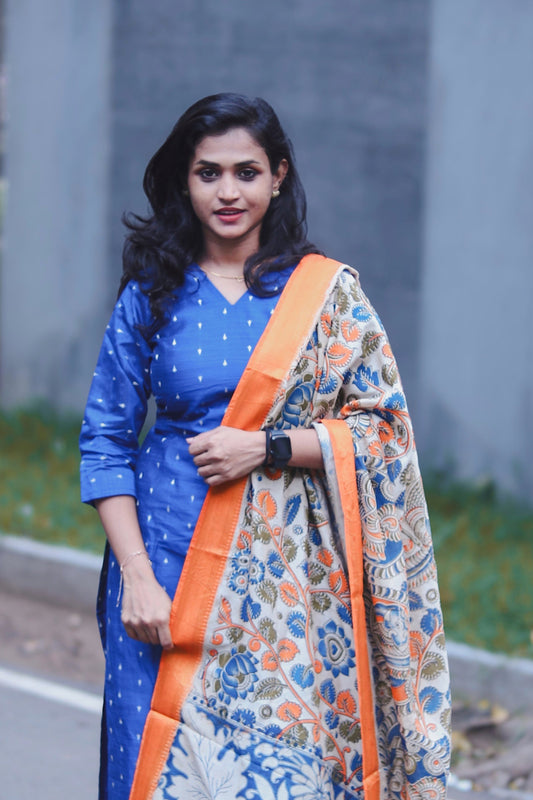 RUGHA 03 - Blue Silk top with Kalamkari Duppata
