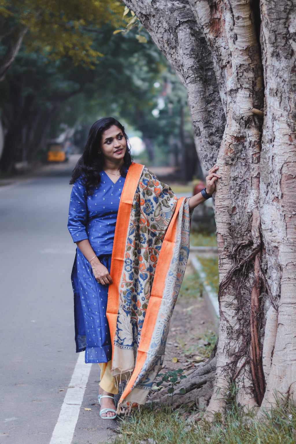 RUGHA 03 - Blue Dupion Silk top with Kalamkari Duppata