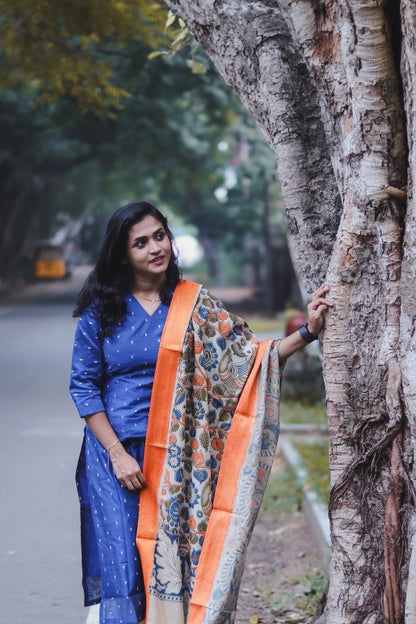 RUGHA 03 - Blue Silk top with Kalamkari Duppata