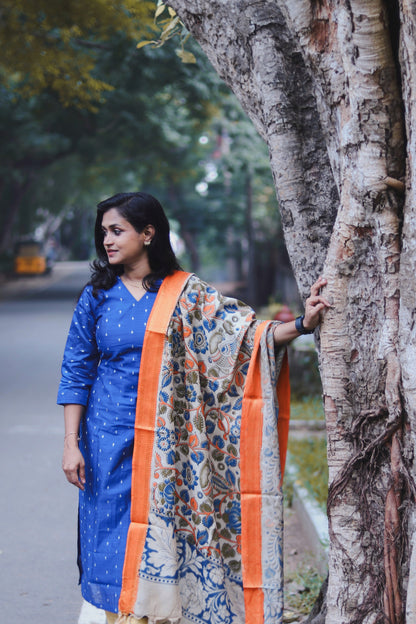 RUGHA 03 - Blue Silk top with Kalamkari Duppata
