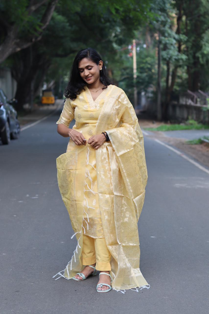 RUGHA 11 - Yellow Kota Doria Silk suit