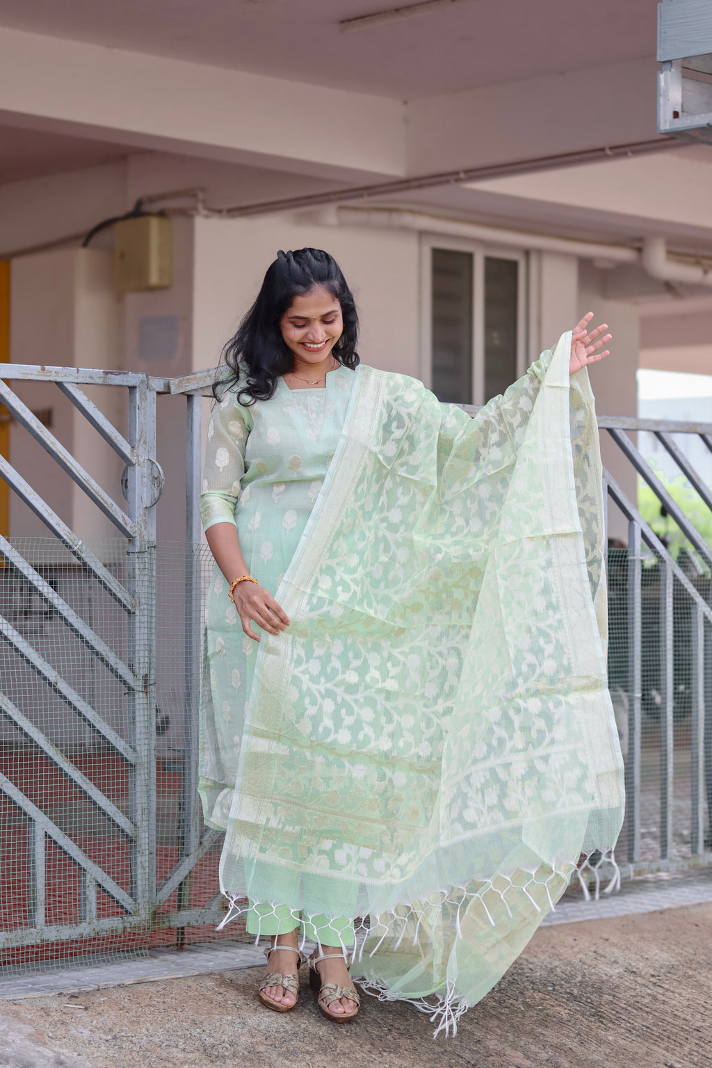 RUGHA 10 - Pista Green Kota Doria Silk suit