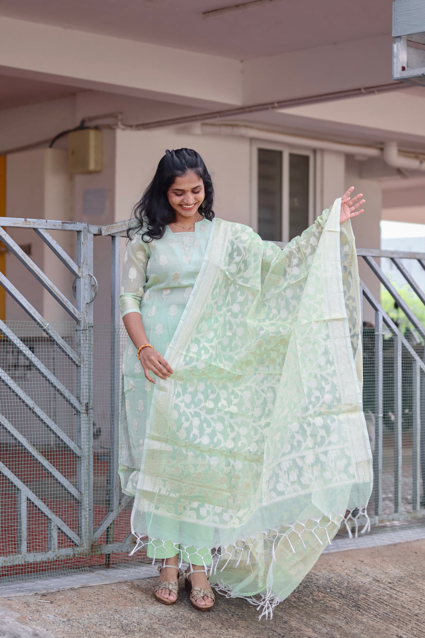 RUGHA 10 - Pista Green Kota Doria Silk suit