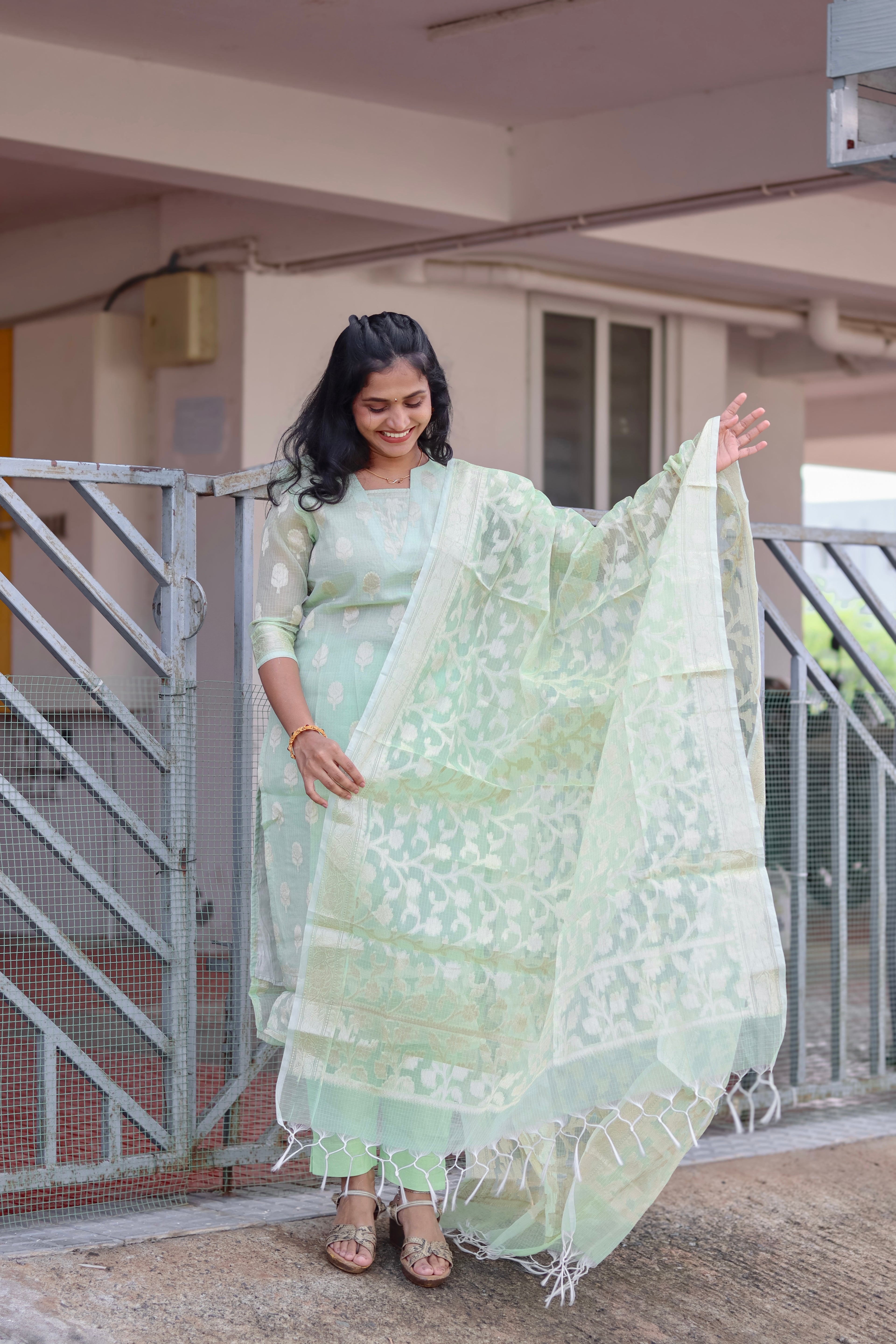 RUGHA 10 - Pista Green Kota Doria Silk suit