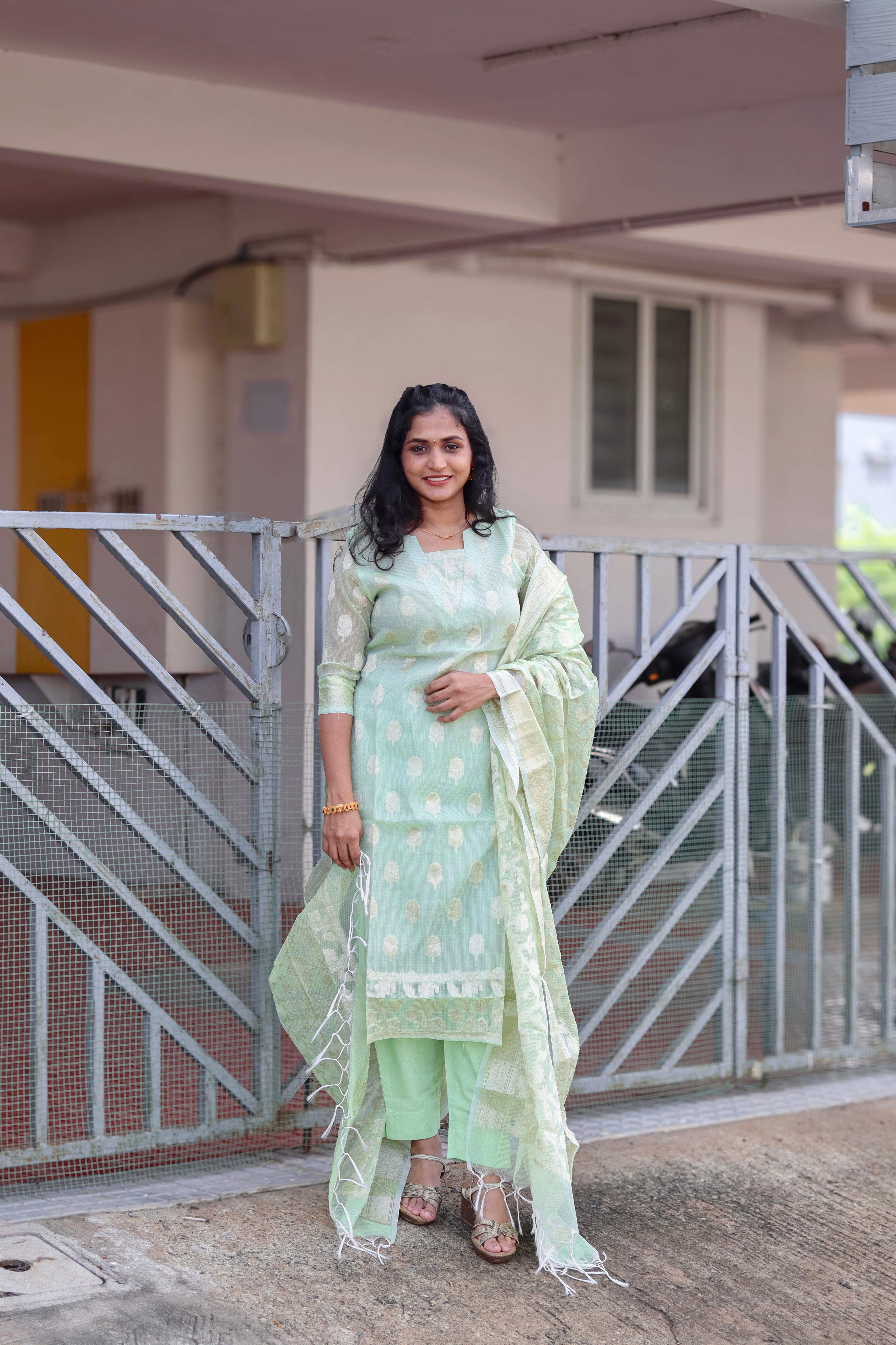 RUGHA 10 - Pista Green Kota Doria Silk suit