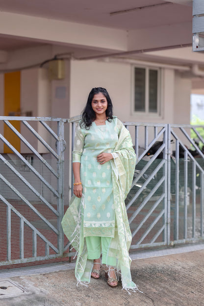 RUGHA 10 - Pista Green Kota Doria Silk suit