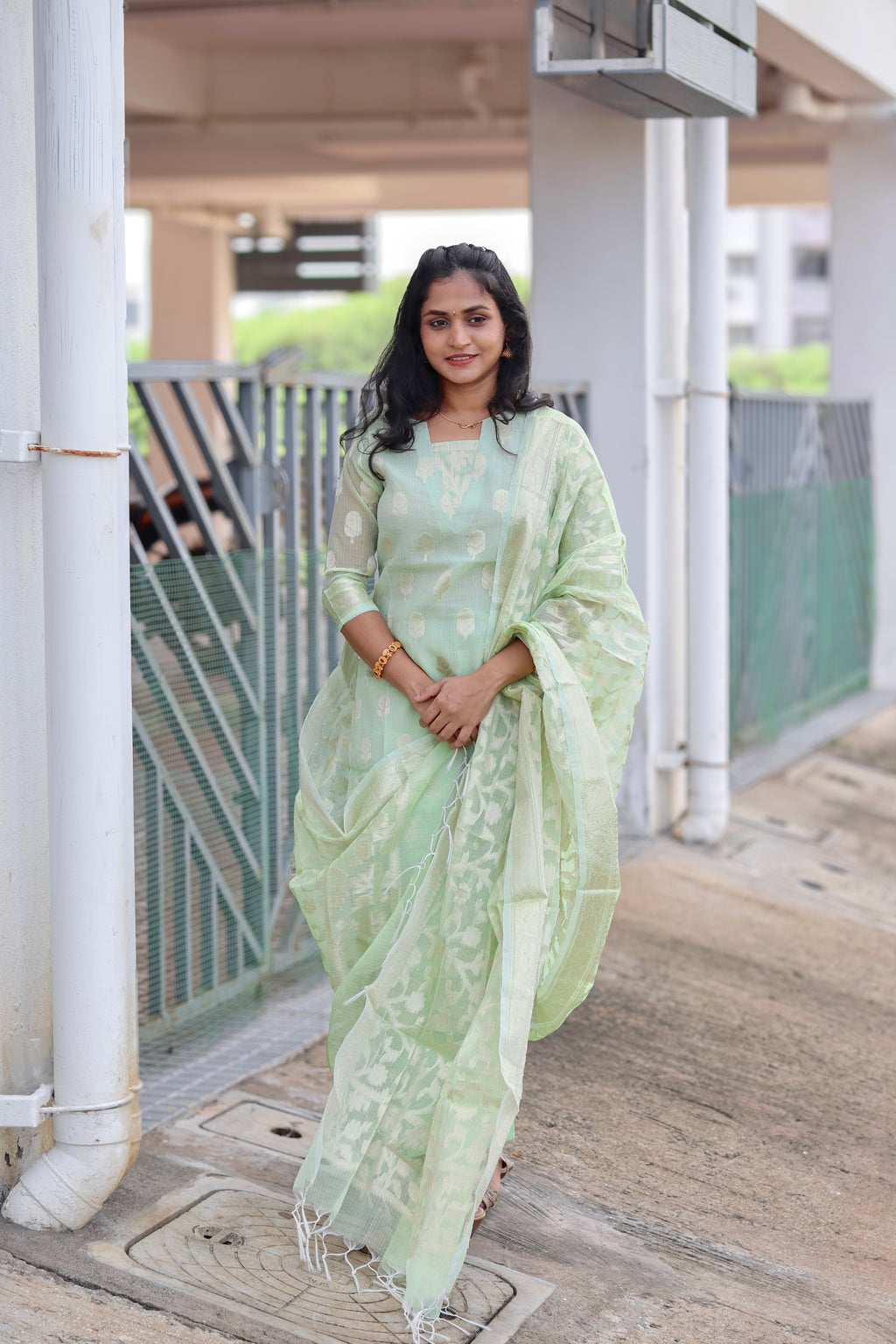 RUGHA 10 - Pista Green Kota Doria Silk suit